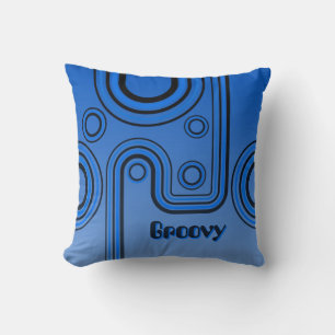 Groovy Retro 1960s Linear Design Blue and Black Cushion