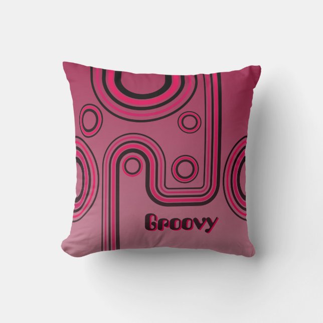 Groovy Retro 1960s Linear Design Pink and Black Cushion (Front)