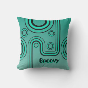 Groovy Retro 1960s Linear Design Turquoise Black Cushion