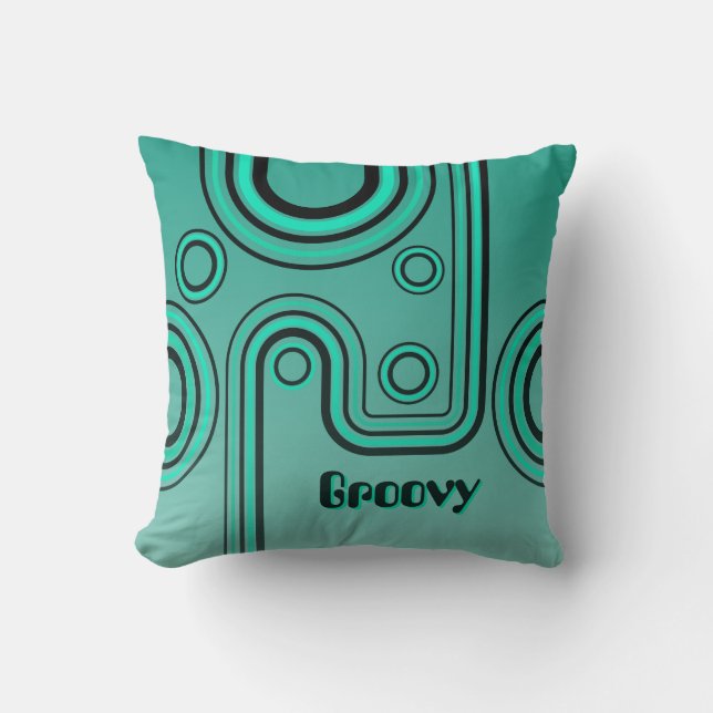 Groovy Retro 1960s Linear Design Turquoise Black Cushion (Front)