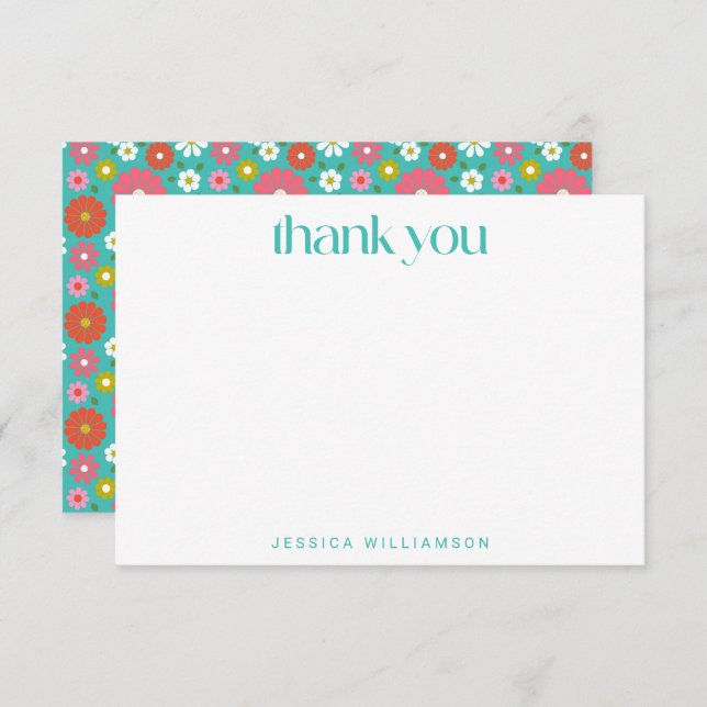 Groovy Retro 50s Flowers Turquoise Bat Mitzvah  Thank You Card (Front/Back)