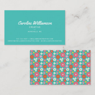Groovy Retro 50s Kitsch Turquoise Blue Flowers Business Card