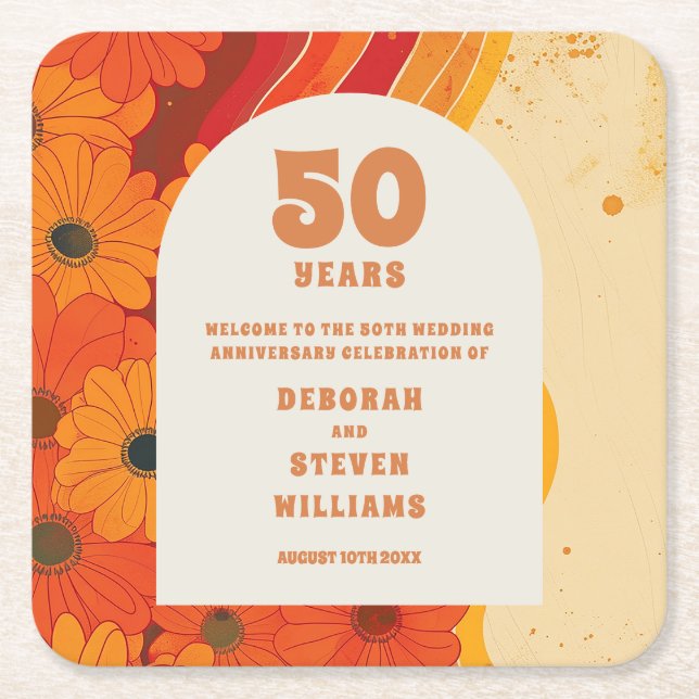 Groovy Retro 50th Wedding Anniversary Square Paper Coaster (Front)