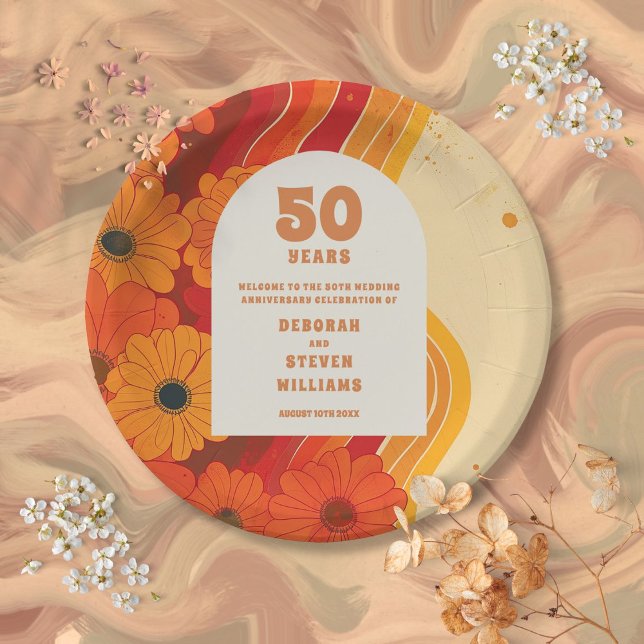 Groovy Retro 50th Wedding Anniversary Welcome Sign Paper Plate (Groovy Retro 50th Wedding Anniversary Welcome Sign Paper Plates)
