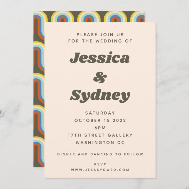 Groovy Retro 60s 70s Aesthetic Olive Green Wedding Invitation (Front/Back)