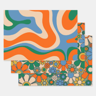 Groovy Retro 60s 70s Floral and Abstract Patterns Wrapping Paper Sheet
