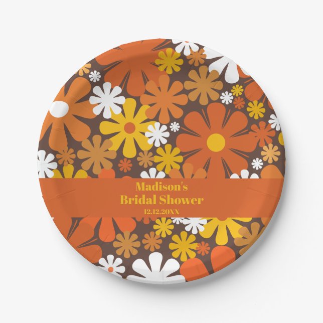 Groovy Retro 60s 70s Flower Pattern Brown Orange Paper Plate (Front)