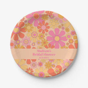 Groovy Retro 60s 70s Flowers Pink and Yellow Paper Plate