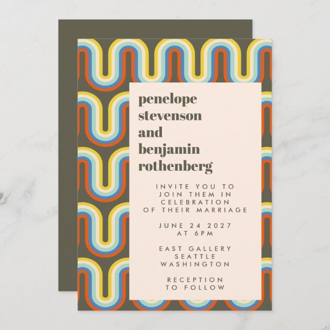 Groovy Retro 60s 70s Line Art Olive Green Wedding  Invitation (Front/Back)