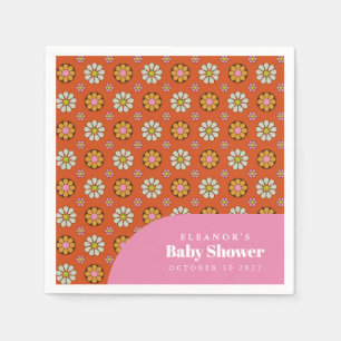 Groovy Retro 60s Flowers Orange Baby Shower Custom Napkin