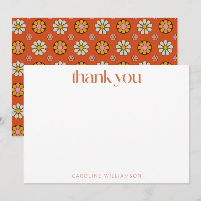 Groovy Retro 60s Flowers Orange Custom Name Shower Thank You Card (Front/Back)