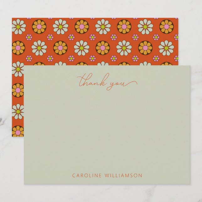 Groovy Retro 60s Flowers Orange Pink Custom  Thank You Card (Front/Back)