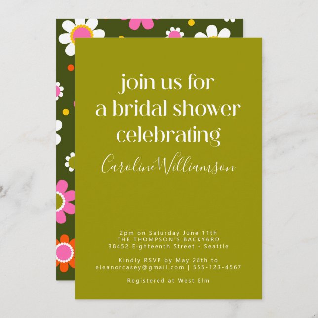 Groovy Retro 60s Flowers Pink Green Bridal Shower Invitation (Front/Back)