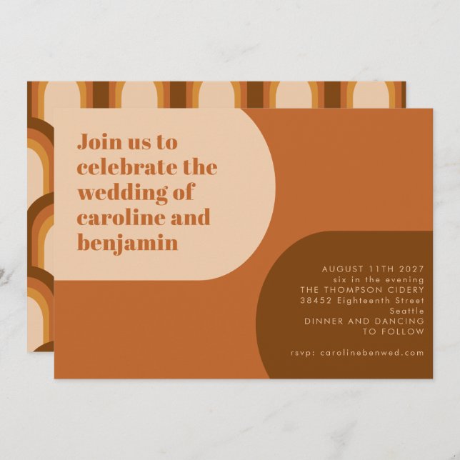 Groovy Retro 70s Arch Shape Tan Terracotta Wedding Invitation (Front/Back)