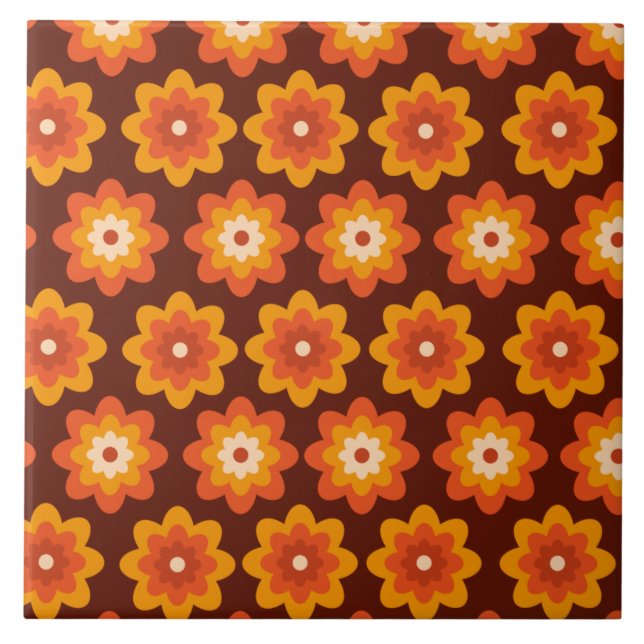 Groovy retro 70s boho hippie orange flower pattern ceramic tile (Front)