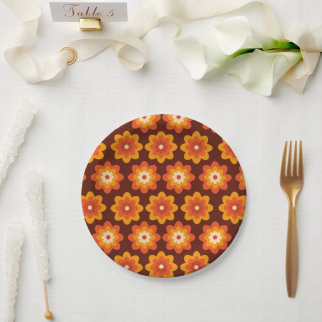 Groovy retro 70s boho hippie orange flower pattern paper plate (Wedding)