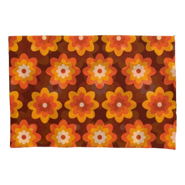 Groovy retro 70s boho hippie orange flower pattern pillowcase (Front)