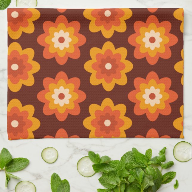 Groovy retro 70s boho hippie orange flower pattern tea towel (Folded)