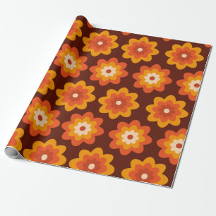 Groovy retro 70s boho hippie orange flower pattern wrapping paper
