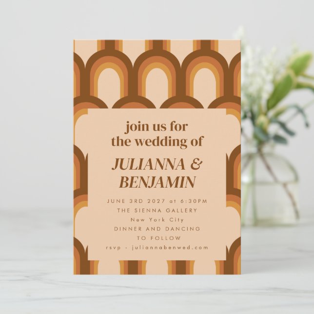 Groovy Retro 70s Brown Unique Wedding RSVP Website Invitation (Standing Front)