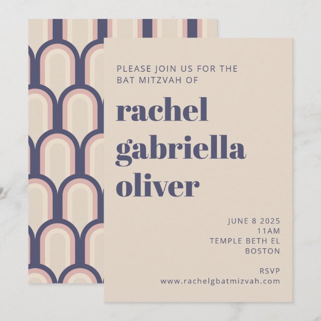 Groovy Retro 70s Design Blue Pink Bat Mitzvah Invitation (Front/Back)