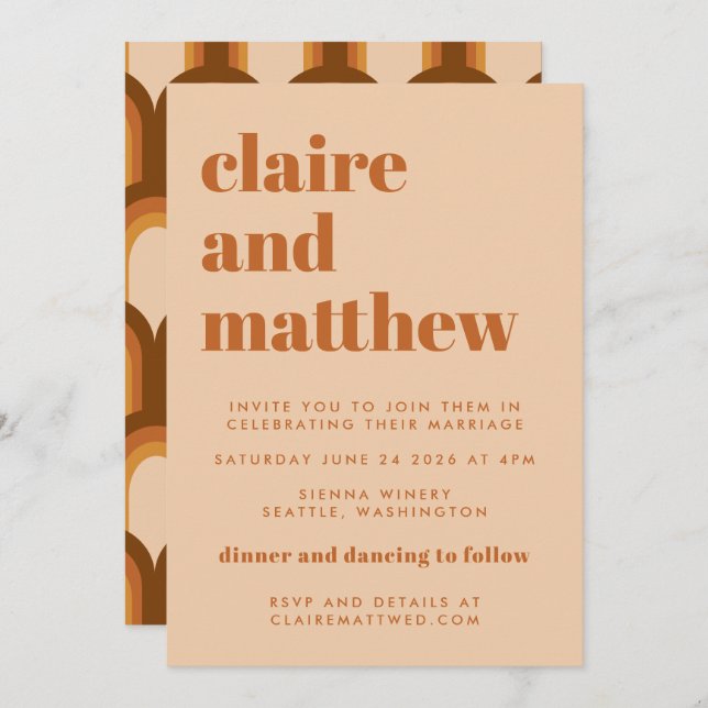 Groovy Retro 70s Design Brown Geometric Wedding Invitation (Front/Back)