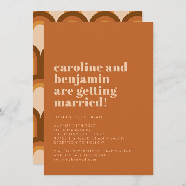 Groovy Retro 70s Design Fun Terracotta Wedding Invitation (Front/Back)