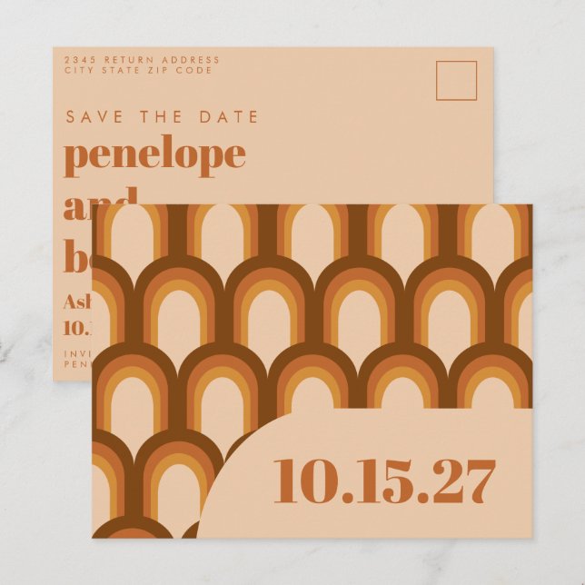 Groovy Retro 70s Design in Brown and Sand Wedding  Postcard (Front/Back)