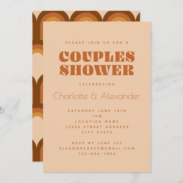 Groovy Retro 70s Design in Brown Couples Shower In Invitation (Front/Back)