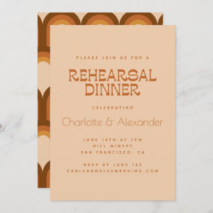 Groovy Retro 70s Design in Brown Rehearsal Dinner Invitation