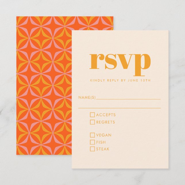 Groovy Retro 70s Design Orange Wedding Meal RSVP Card (Front/Back)