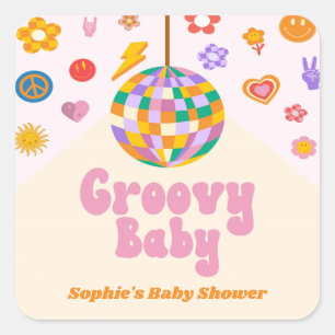 Groovy Retro 70's Disco Ball Baby Shower Favor Square Sticker