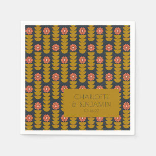 Groovy Retro 70s Floral Gold Blue Custom Wedding Napkin