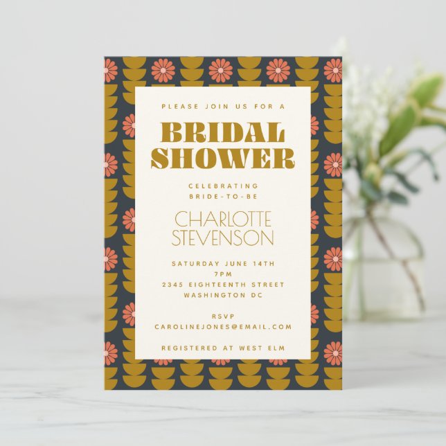 Groovy Retro 70s Floral Gold Bridal Shower Invitation (Standing Front)