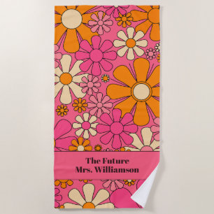 Groovy Retro 70s Floral Pattern Bride Bridal Pink Beach Towel