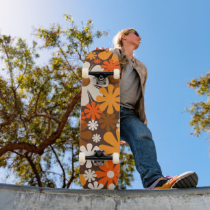 Groovy Retro 70s Floral Pattern Orange and Brown Skateboard
