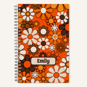 Groovy Retro 70s Floral Personalised Brown Orange Notebook