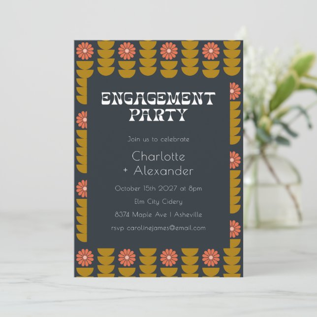 Groovy Retro 70s Floral Trendy Engagement Party  Invitation (Standing Front)