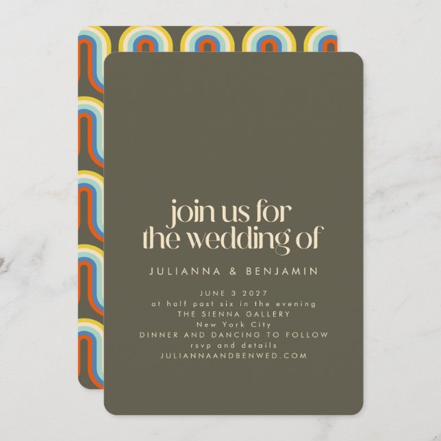 Groovy Retro 70s Olive Green Wedding All In One Invitation (Front/Back)