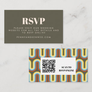Groovy Retro 70s Olive Wedding Website QR Code Enclosure Card