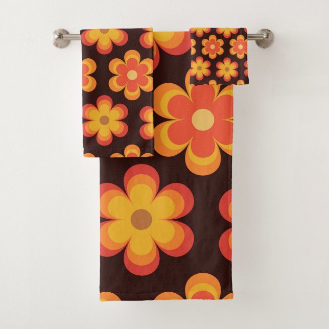 Groovy Retro 70s Orange and Yellow Flowers  Bath Towel Set (Insitu)