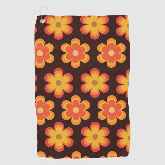 Groovy Retro 70s Orange and Yellow Flowers  Golf Towel (Front)
