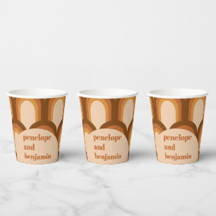Groovy Retro 70s Pattern Brown Custom Name Wedding Paper Cups