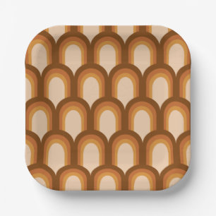 Groovy Retro 70s Pattern Design in Brown Wedding Paper Plate