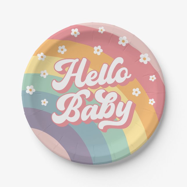 Groovy Retro 70s Rainbow Daisy Baby Shower Paper Plate (Front)
