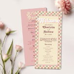 Groovy Retro 70s Summer Wedding Program<br><div class="desc">This bold coral pink wedding program embraces a groovy 70s theme, featuring vibrant florals paired with a retro chequered border, and space for you to add your own wedding ceremony details and bridal party. This design is perfect for couples who love vintage charm with a modern twist. Ideal for retro-inspired,...</div>