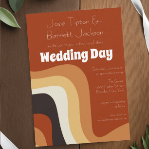 Groovy Retro 70s Wavy Burnt Orange Brown Wedding Invitation