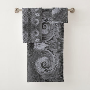 Groovy Retro Abstract Black and White Swirl Bath Towel Set