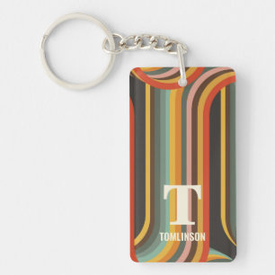 Groovy Retro Abstract Lines Monogram Key Ring
