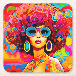Groovy Retro Afro Chic Pop Art Square Paper Coaster